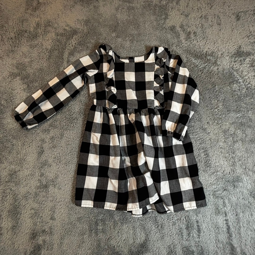 The Childrens Place Girls 3T Buffalo Plaid Ruffle Long Sleeve Dress Black White
